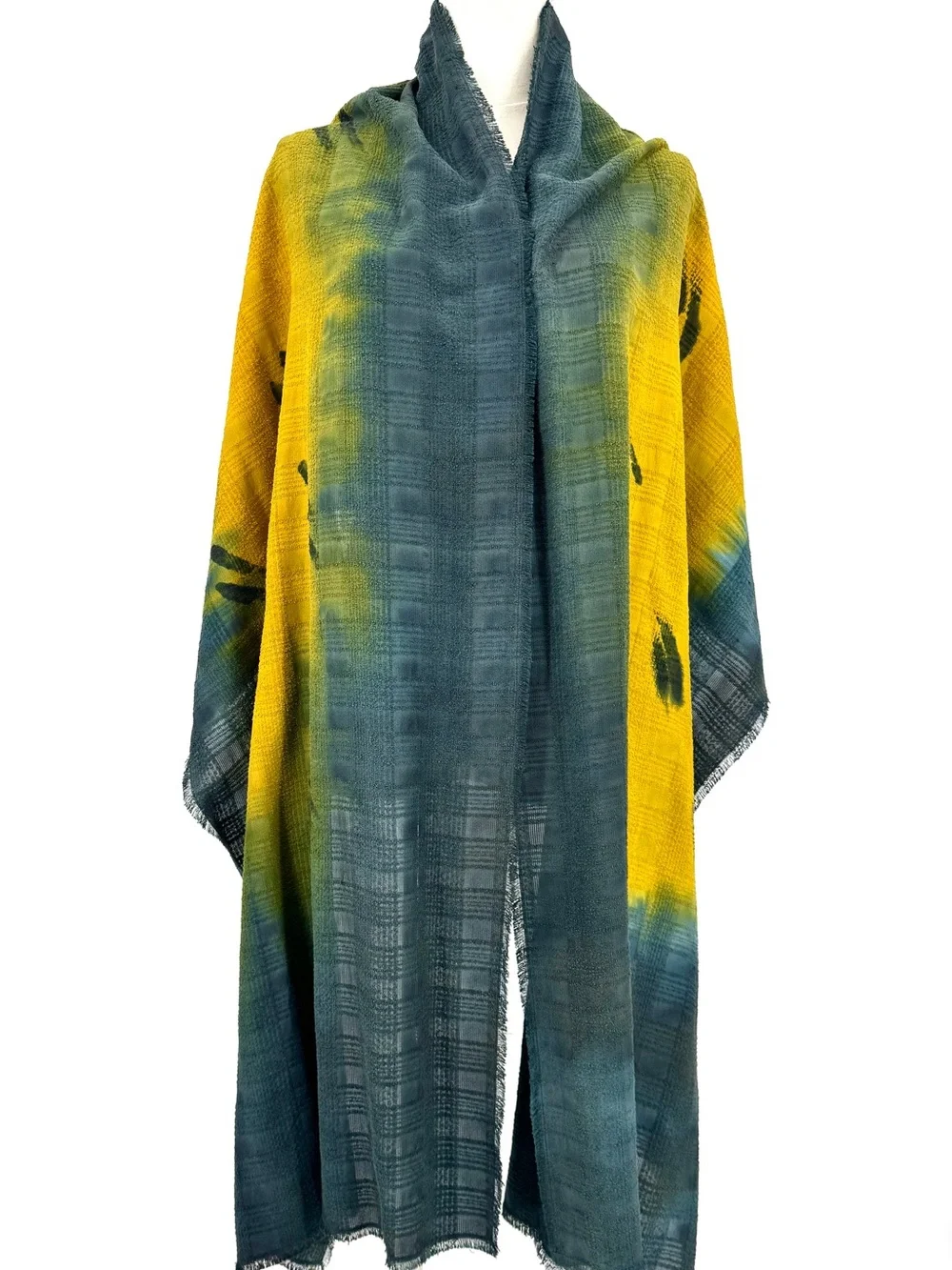 Vintage artisan crafted hand dyed raw silk shawl scarf green yellow